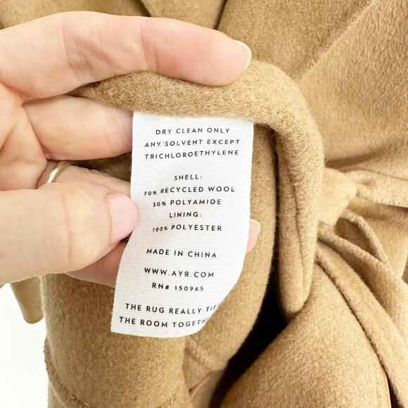 AYR The Closer Belted Camel Trench Coat Recycled Wool Long Wrap Jacket XS - Picture 3 of 6